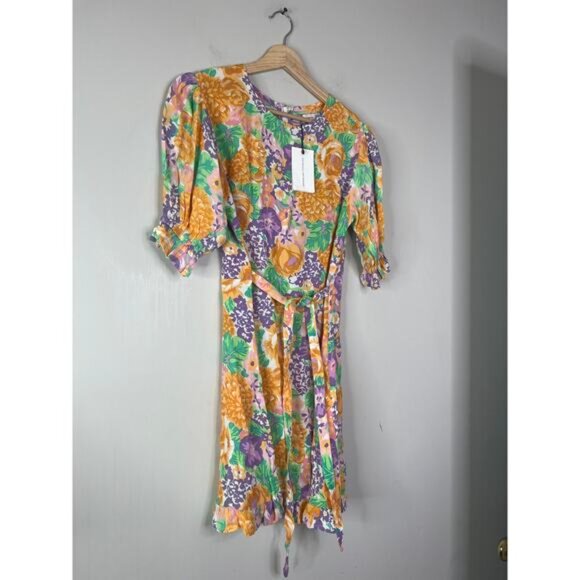 NWT Faithfull The Brand Florence Ade Floral Elastic Cuff Mini Dress Multi Color - Picture 3 of 8